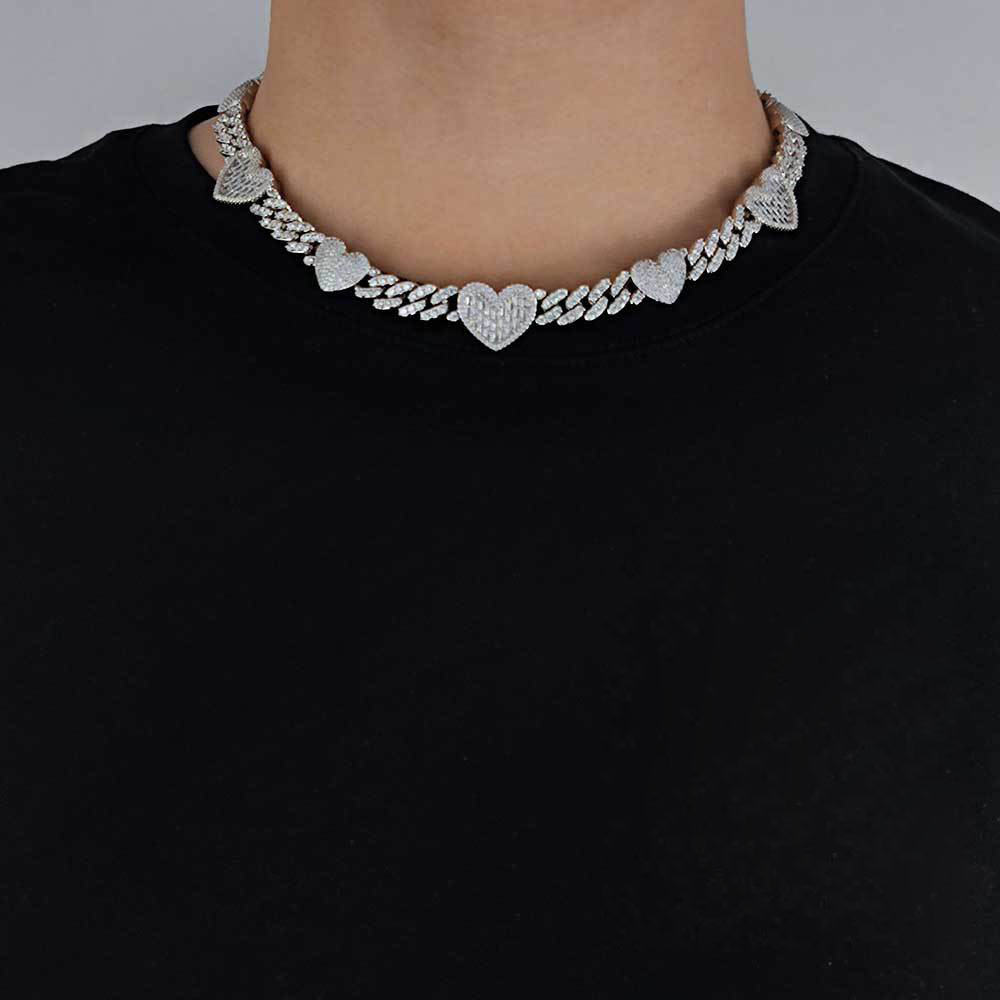 Hip Hop Tennis Chain Full Diamond Stone Heart Lover Cuban Link Lover Couple Necklace