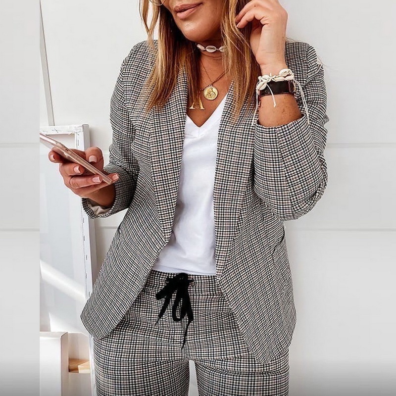 Women's Two Piece Pants Spirng Autumn Women Set Plaid Print Blazer Coat Drawstring Pants Sets Femme Thin Jacket Trousers Suit Office Lady Outfits