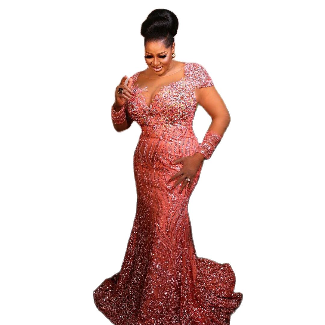 Plus Size Arabic Mermaid Prom Dresses Crystal Lace Beaded Evening Formal Party Second Reception Birthday Engagement Gowns