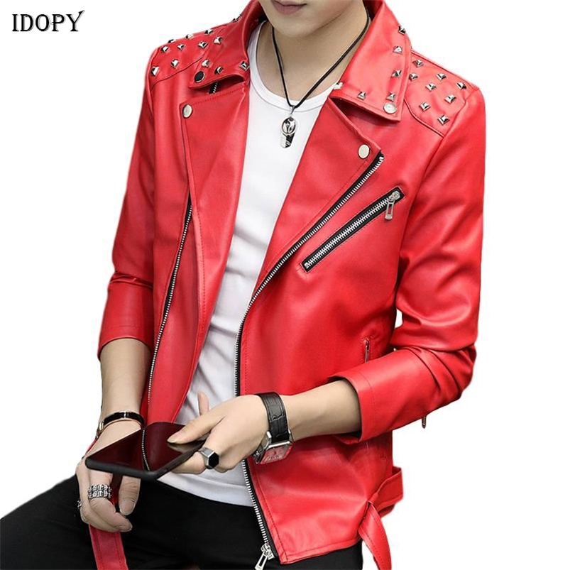 Men's Leather Faux Leather Idopy Men's Faux Leather Jacket Rivet Studded Slim Fit Multi Zippers Motorcycle Outerwear Jacket and Coat For Mal