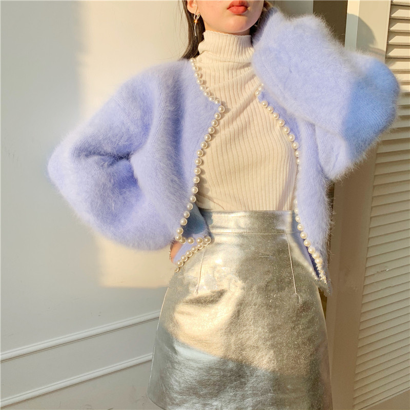 Women's Pearl Lantern Sleeve Knitted Cardigan Jacket - Soft Fluffy V-Neck Pullover Sweater For Spring Autumn
