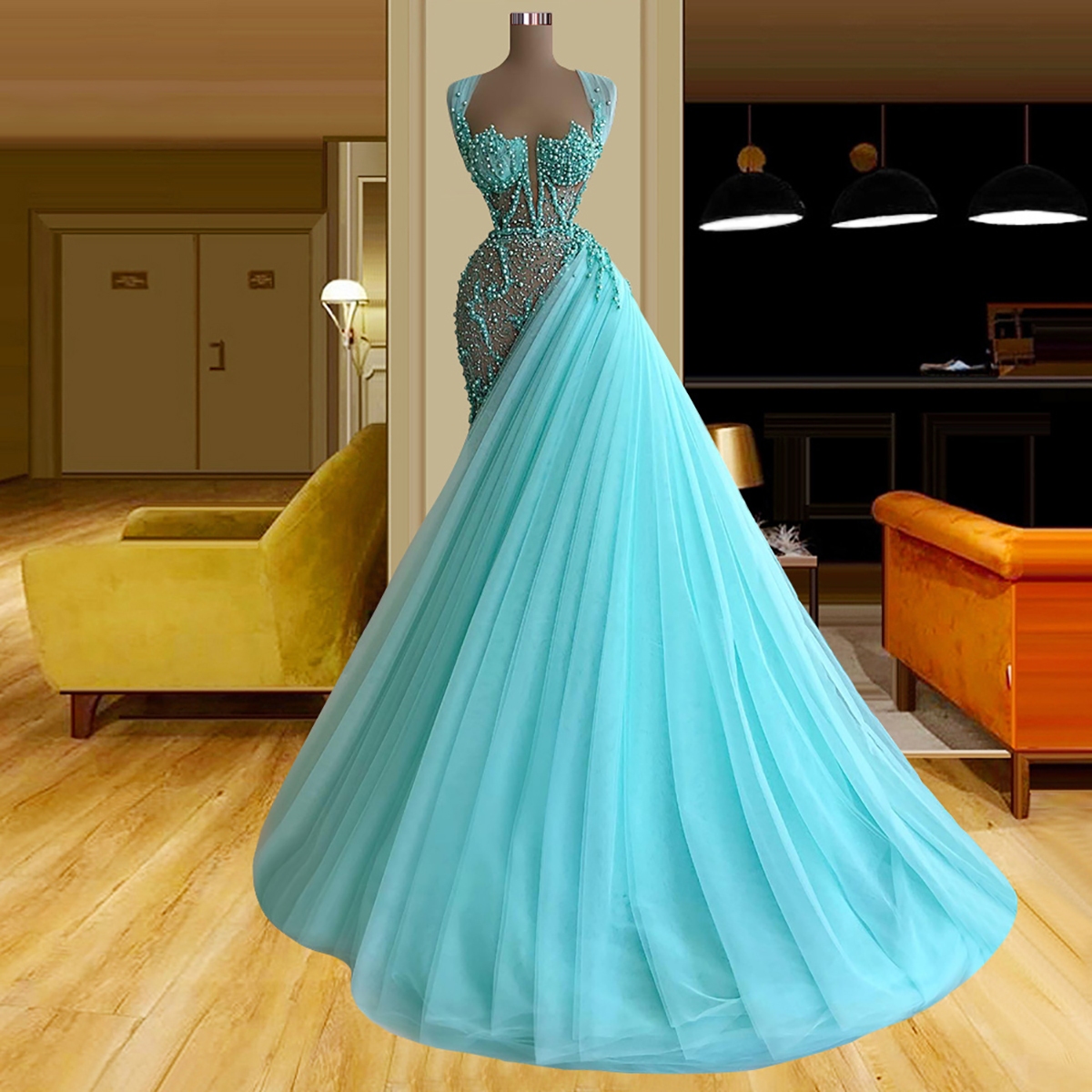 Mermaid Evening Lue Dree Sleevele V Neck Applique Sequin Shiny Sexy Lace Eaded Or Length Pearl Hollow Celebrity Plu Size Party Gown Prom Dre 6660311