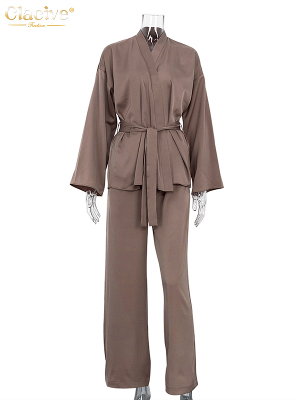 Women's Two Piece Pants Clacive Fashion Loose Satin Pants Set Women Casual Long Sleeve Shirts Wide Trousers Suits Elegant Home Wear Two Piece Rob