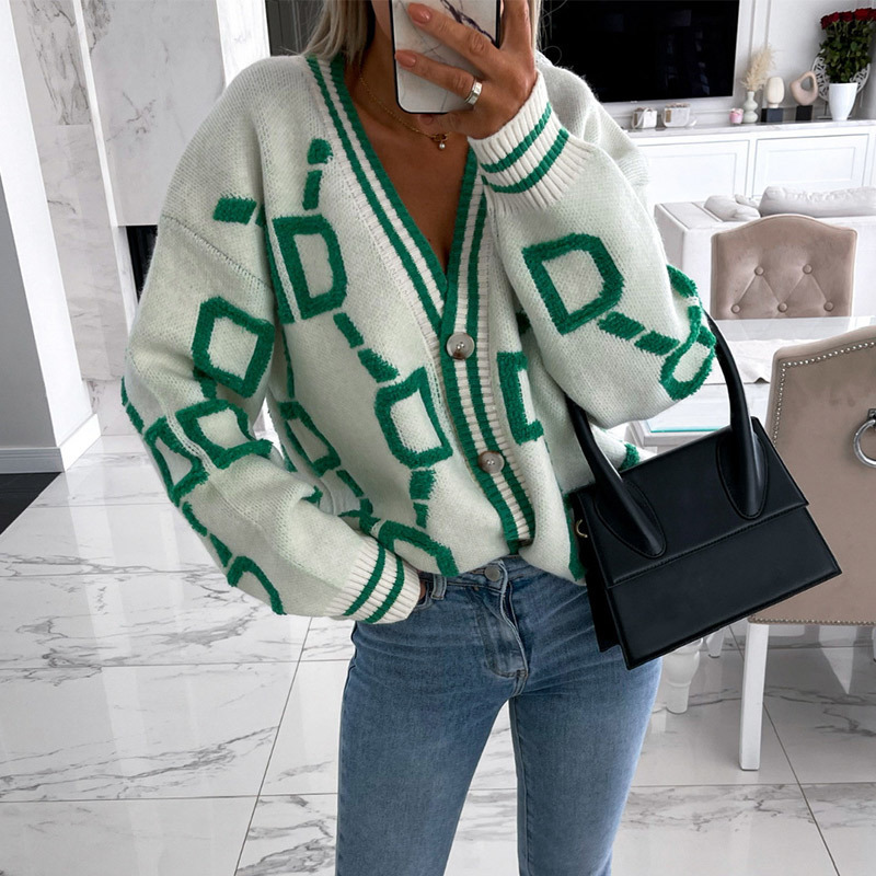 Womens Sweaters Women Cardigan Green Striped Pink Knit Button Lady Cardigans Vneck Loose Casual Winter Fashion Knitted Coat 220913