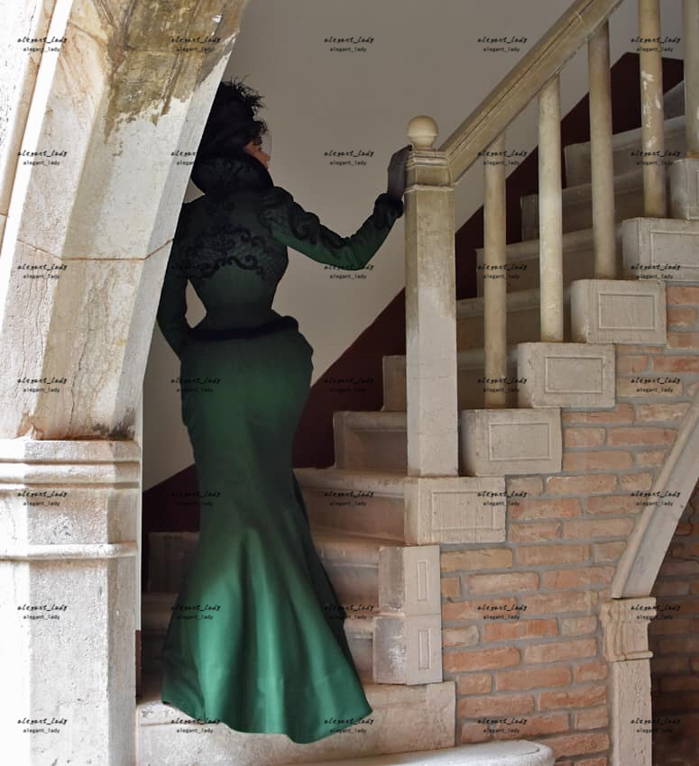 Hunter Green Mermaid Prom Dress with Long Sleeve winter High Neck Crimson Peak Edwardian Historical Costume Evening Gown Robes