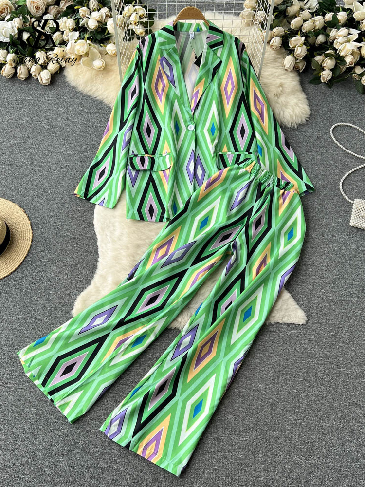 Women's Dia Print Loose Casual Blazer Wide Leg Pants Suit V Neck Long Sleeve Office Lady Two Piece Set Spandex High Waist Red Blue