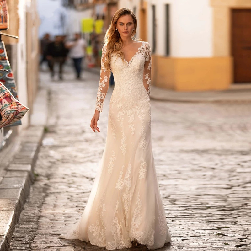 Size Mermaid Plus Wedding Dresses Deep V Neck Lace Applique Long Illusion Sleeves Floor Length Backless Bridal Gowns Vestidos De Novia Robes estidos