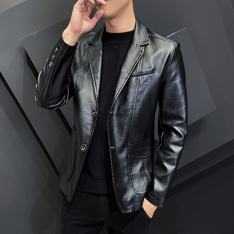 Men's Leather Faux Men Blazer Jackets Turn-down Collar Slim Fit Jacket Fashion Black Party Business Coat Male Outwear 220912