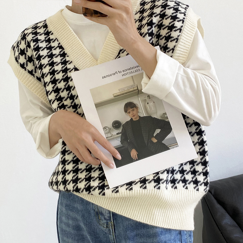 Women's Vests Women Knitted Vest Sweater Houndstooth Loose V Neck Sleeveless Thick Casual Sweater Suits Female Waistcoat Chic Tops 17502 220913