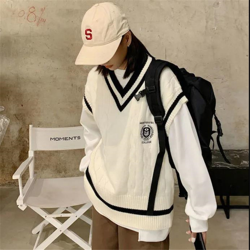 Women's Vests V-Neck Solid Sweater Women Sleeveless Casual Preppy Style SpringAutumn Knitted Sweater Vest Loose Pullover Vest Daily Female Top 22