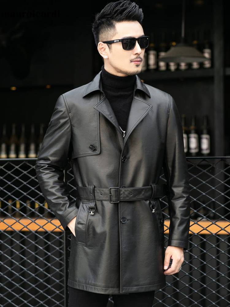 Men's Leather Faux Leather Mauroicardi Autumn Black Leather Trench Coat Long Sleeve Belt Single Breasted Plus Size Men Fashion Clothes 3xl 4xl 5x