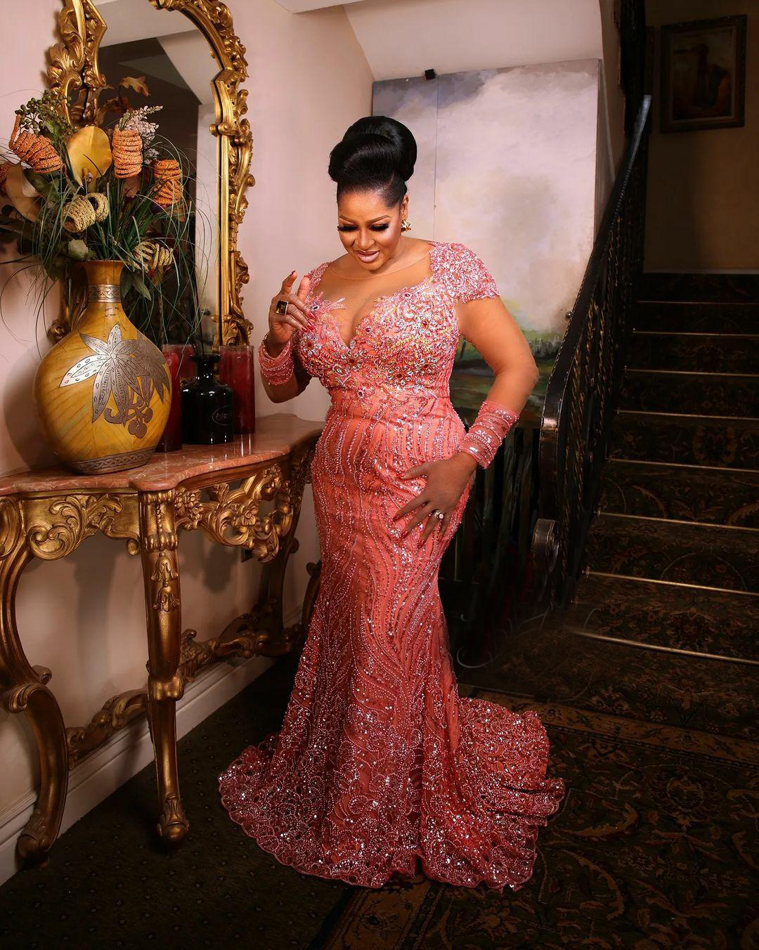 Plus Size Arabic Mermaid Prom Dresses Crystal Lace Beaded Evening Formal Party Second Reception Birthday Engagement Gowns