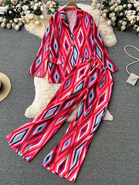 Women's Dia Print Loose Casual Blazer Wide Leg Pants Suit V Neck Long Sleeve Office Lady Two Piece Set Spandex High Waist Red Blue