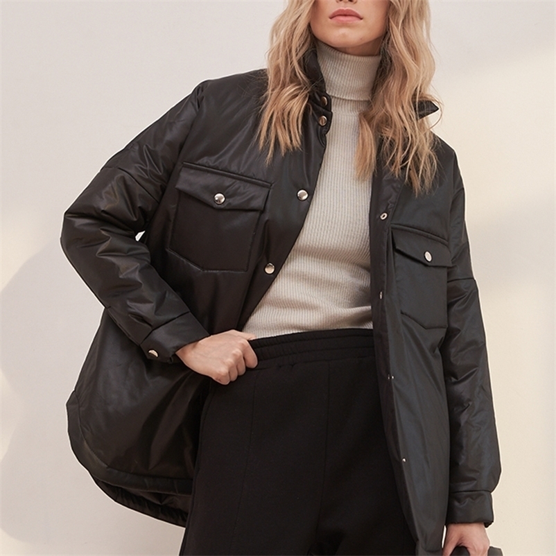 Women's Down Parkas Fandy Lokar Front Pockets Fashion Tie Belt Coats Elegant Solid Turn Collar Cotton Jackets Female Ladies 220913