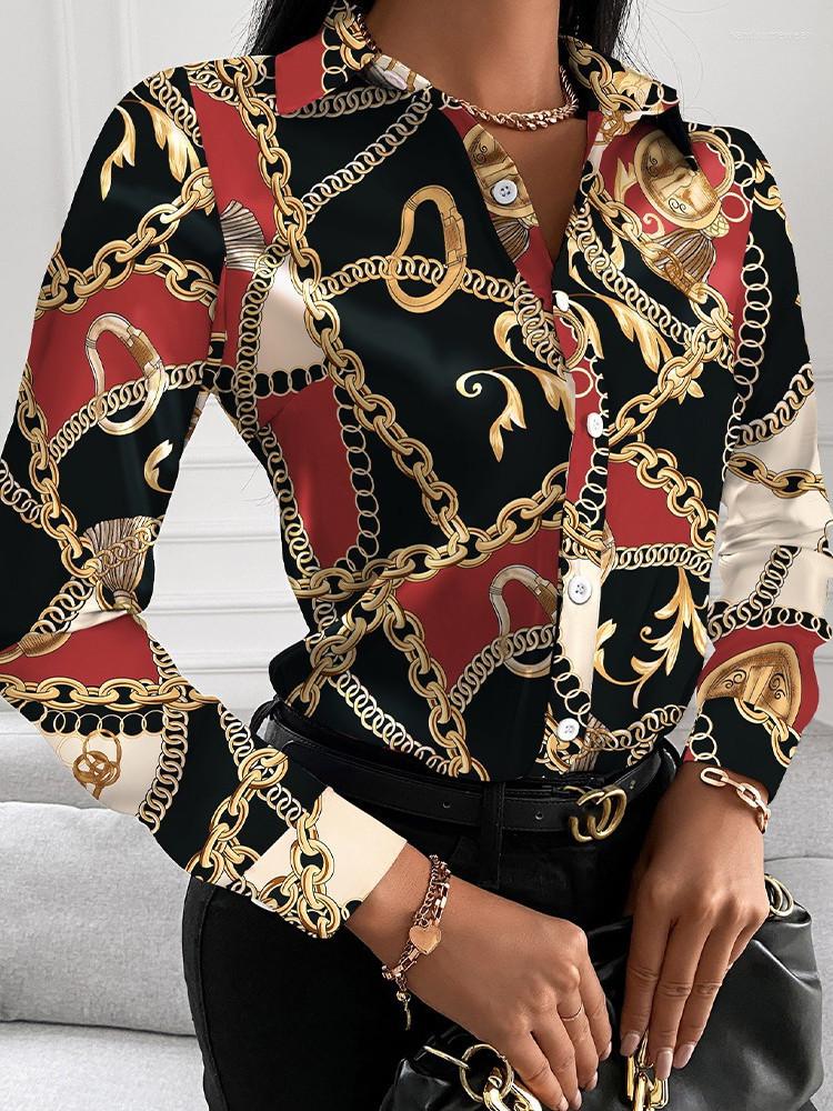 Printed Shirt Women Spring Elegant Office Ladies Blouse Clothes Fashion Lapel Long Sleeve Buttons Tops For Woman