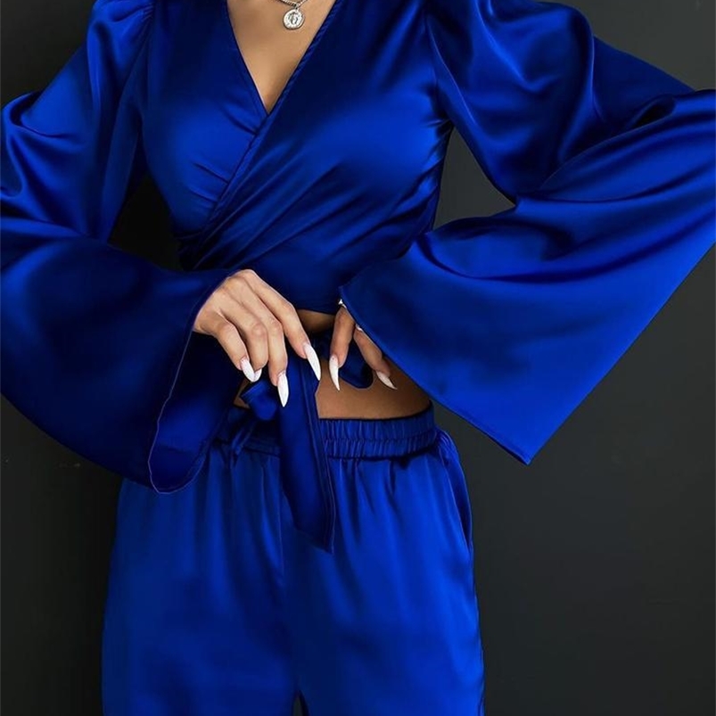 Women's Two Piece Pants Solid Satin Shirt Two Piece Women Set V-Neck Flared Long Sleeve Lace-Up Top High Waist Pant Female Sets Fashion Casual La
