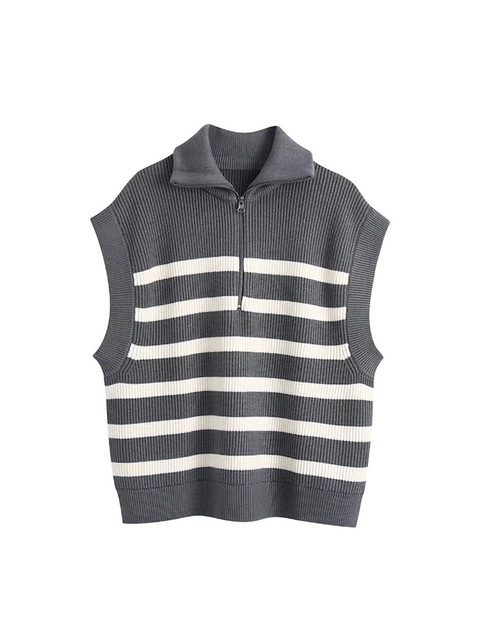 Women's Vests TRAF Women Fashion Front Zip Loose Striped Knit Vest Sweater Vintage High Neck Sleeveless Female Waistcoat Chic Tops 220913