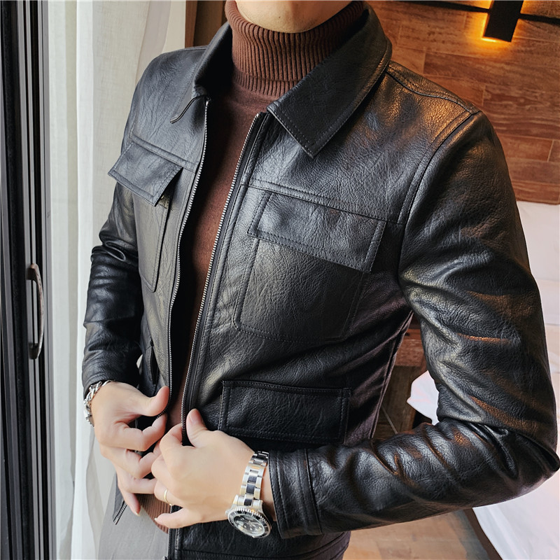 Men's Leather Faux Leather Fashion Korean Slim Fit Turn Down Collar Multi Pockets PU Leather Jackets For Men Clothing Streetwear Long Sleeve Casu