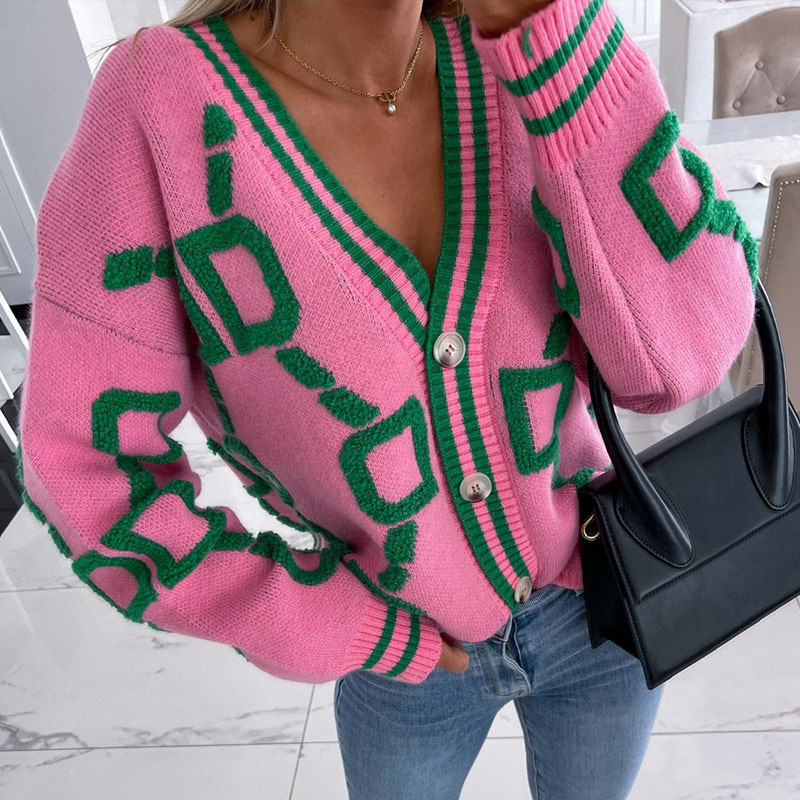 Womens Sweaters Women Cardigan Green Striped Pink Knit Button Lady Cardigans Vneck Loose Casual Winter Fashion Knitted Coat 220913