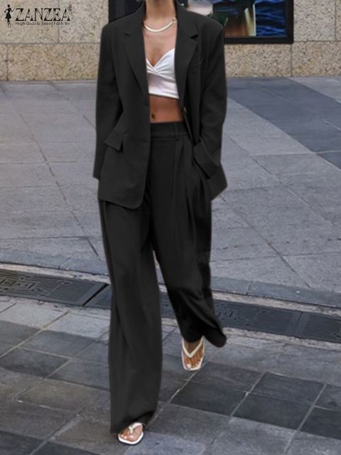 Women's Two Piece Pants Women Casual Elegant Office Matching Sets Stylish Solid Pant Sets ZANZEA Vintage 2PCS Thin Blazer Slim Trouser Work Suits