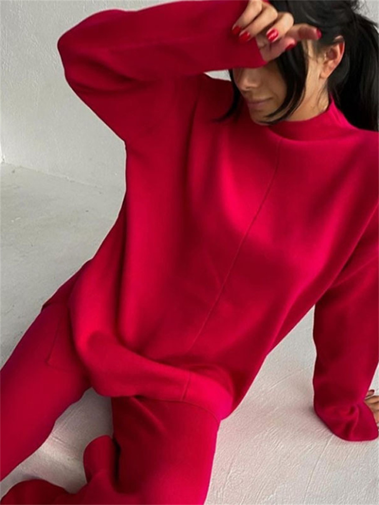 Women's Two Piece Pants Knitted Women's Trousers Suit Two Piece Set Green spring Loose Long Sleeve wide leg Pants Sets Female Casual Suits 2