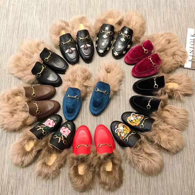 winter men wool slippers Princeton Loafers classic Designer Lazy Flat Baotou Flip flops 100% leather lady Slides Suede letter cowhide Metal mens with fur women shoes
