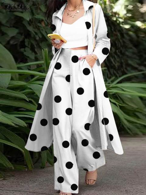 Women's Two Piece Pants ZANZEA 2PCS Fashion Women Bohemian Polka Dot Tracksuit Spring Long Sleeve Blouse Wide Leg Trousers Suits Loose Urban Pant