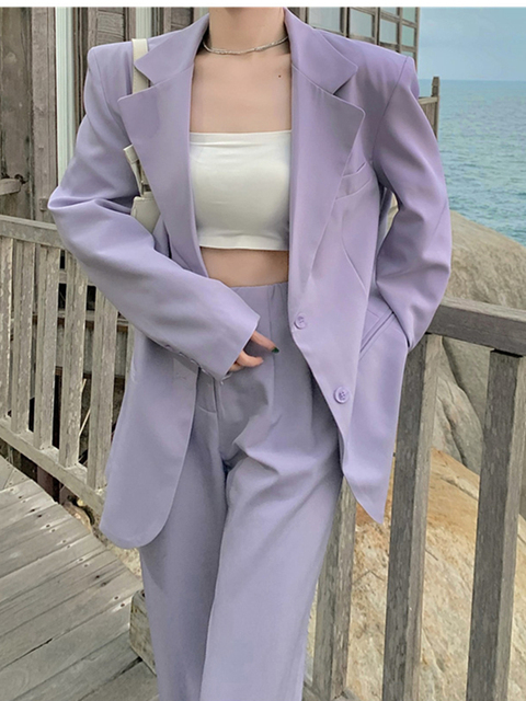 Women's Two Piece Pants Spring Summer Women Blazer Pantsuit Long Sleeve Jacket Pants Two Piece Set Female Fashion Business Casual Purple Trousers