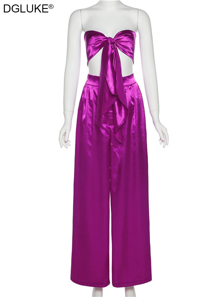Women's Two Piece Pants Satin Two Piece Pants Set Sexy Outfits For Woman Summer 2 Piece Going Out Club Outfits Crop Top Trouser Suits Purple Pink