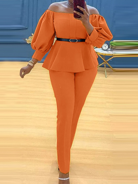 Women's Two Piece Pants VONDA Office Lady Pants Sets Women Ruffled Blouse Off Shoulder Tops And Long Trousers Suit Pants Female Ropa De Mujer 220