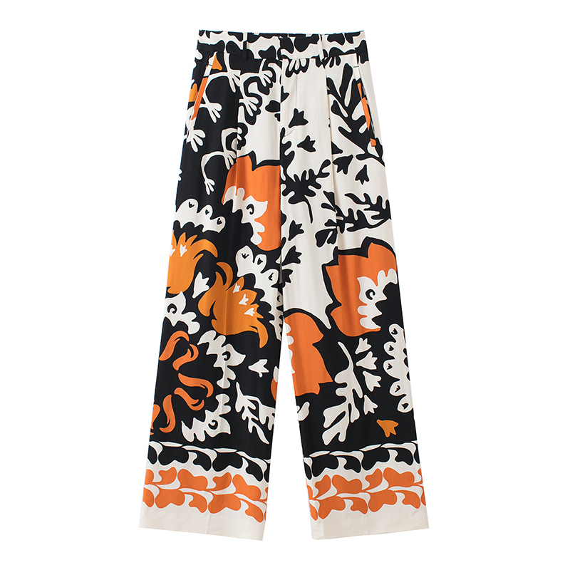 Women's Two Piece Pants Spring Women Vintage Long Sleeve Single-breasted Print Lapel Shirt Loose Mid Waist Pleated Trousers Two Piece Suit LY9756