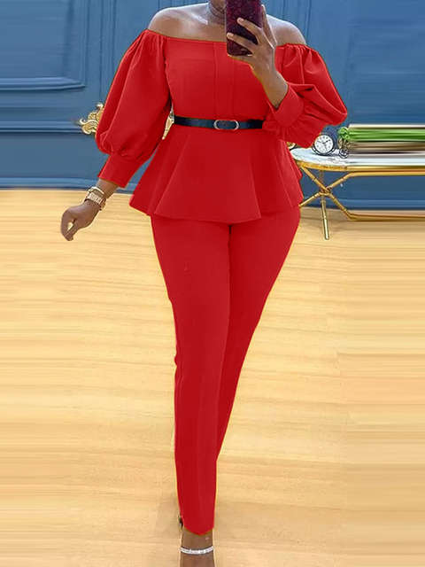 Women's Two Piece Pants VONDA Office Lady Pants Sets Women Ruffled Blouse Off Shoulder Tops And Long Trousers Suit Pants Female Ropa De Mujer 220