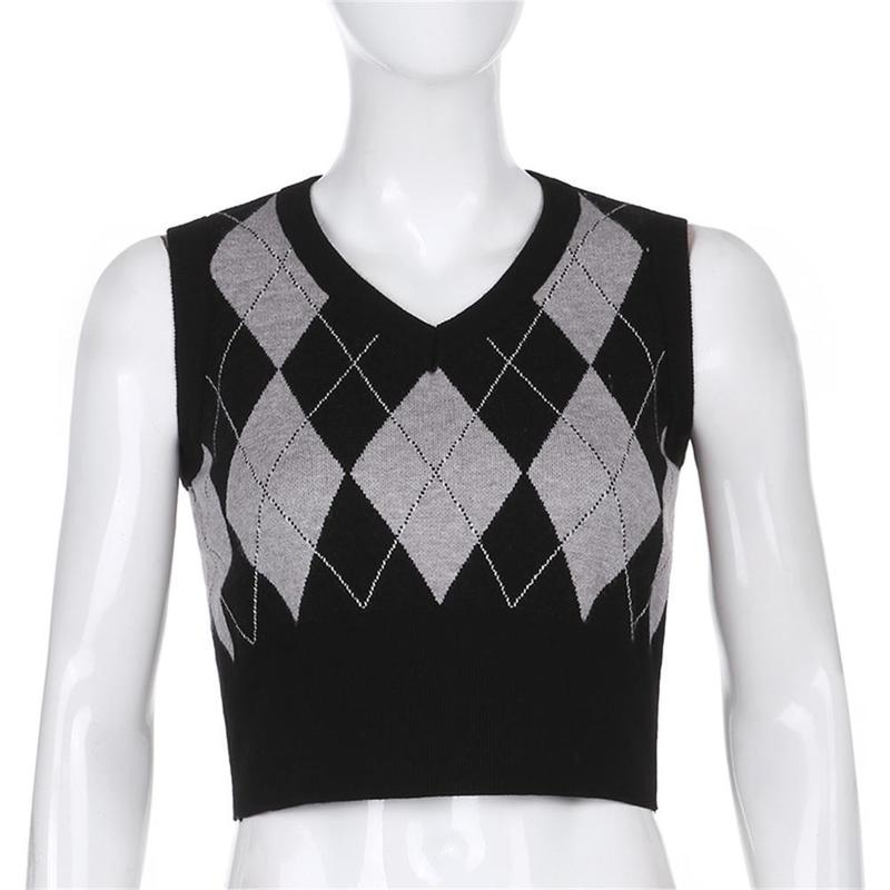 Women's Vests Vintage Plaid Sweater Vest Women V-neck Sleeveless Tank College Style Knitting Pullovers Tops for Daily 220913