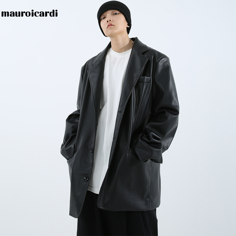 Men's Leather Faux Mauroicardi Spring oversized leather blazers long sleeve Black brown loose causal soft faux jacket for men style 220913