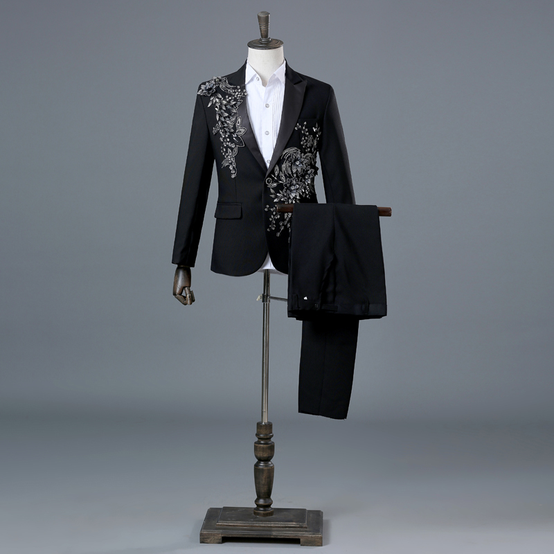 Men's Suits Blazers Fashion Embroidery Sequins Floral Blazer Men One Button White 2 Piece JacketPants Party Stage Singer Wear Costume 220913