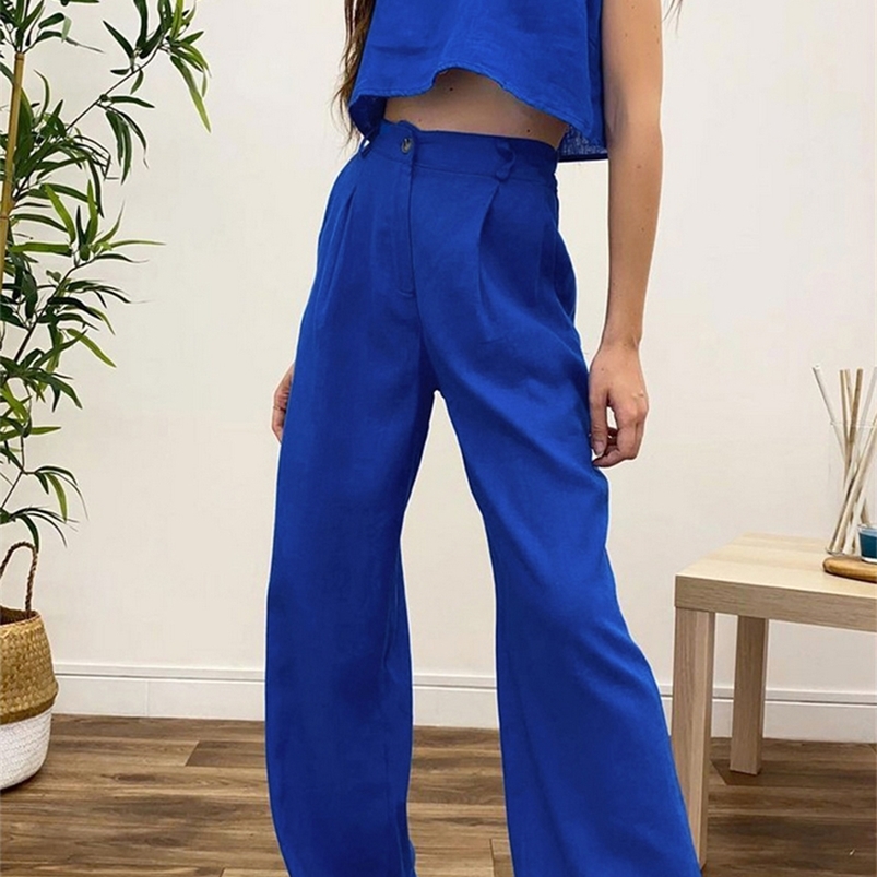 Women's Two Piece Pants Oyasnake Cotton Linen Women Sets O-Neck Sleeveless Pullover TankHigh Waist Wide Leg Pants Trousers Casual 2 Piece Suit 22