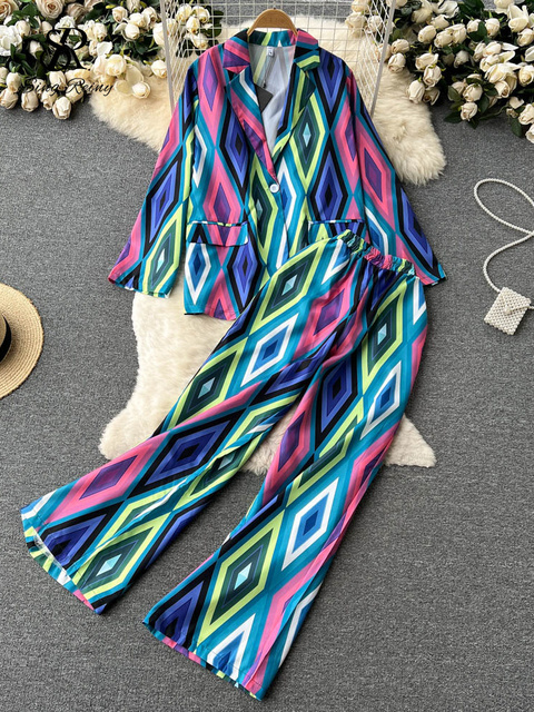 Women's Dia Print Loose Casual Blazer Wide Leg Pants Suit V Neck Long Sleeve Office Lady Two Piece Set Spandex High Waist Red Blue