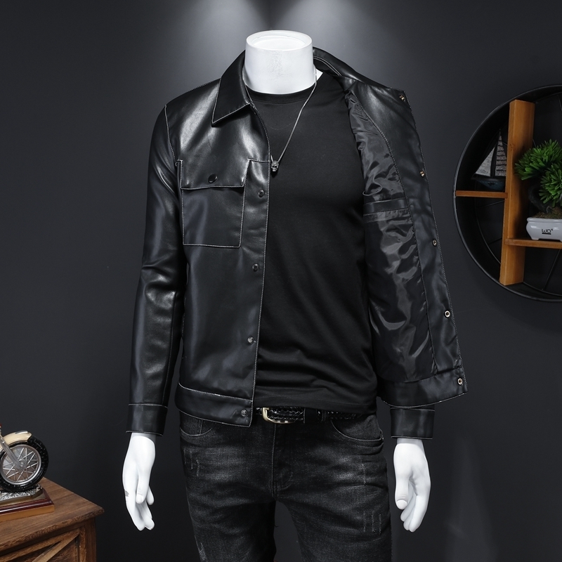 Men's Leather Faux Spring and Autumn Casual Slim Jacket Long Sleeve Lapel Soft Large Pocket 220913