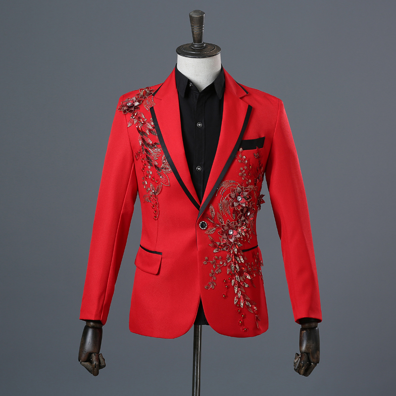 Men's Suits Blazers Fashion Embroidery Sequins Floral Blazer Men One Button White 2 Piece JacketPants Party Stage Singer Wear Costume 220913