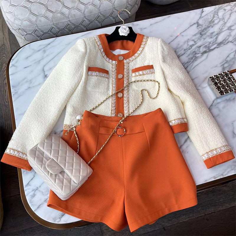 Womens long sleeve tweed jacket shorts 2 pcs pants suit orange color block woolen coat set SMLXL