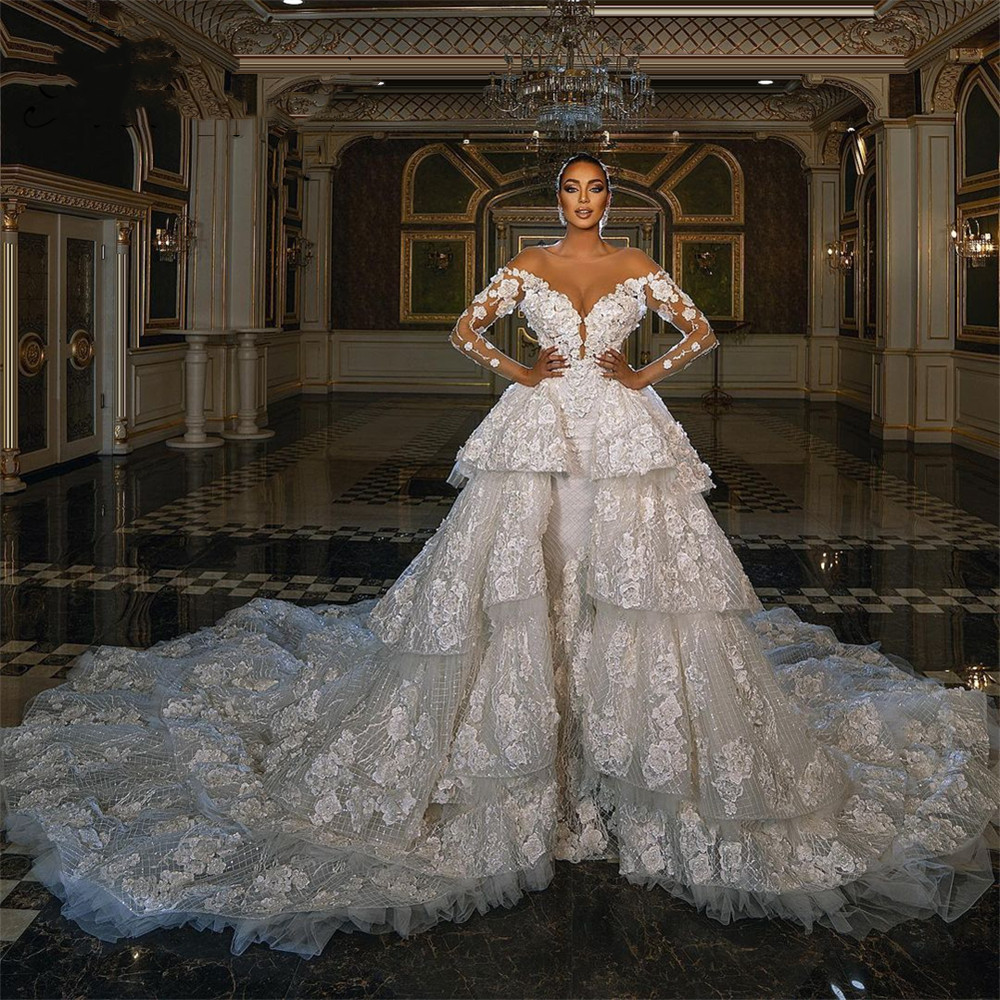 Elegant Ball Gown Wedding Dresses Deep V Neck Long Sleeves Off Shoulder Sequins Appliques Lace Ruffles or Length Bridal Gowns Plus Size robes de soire