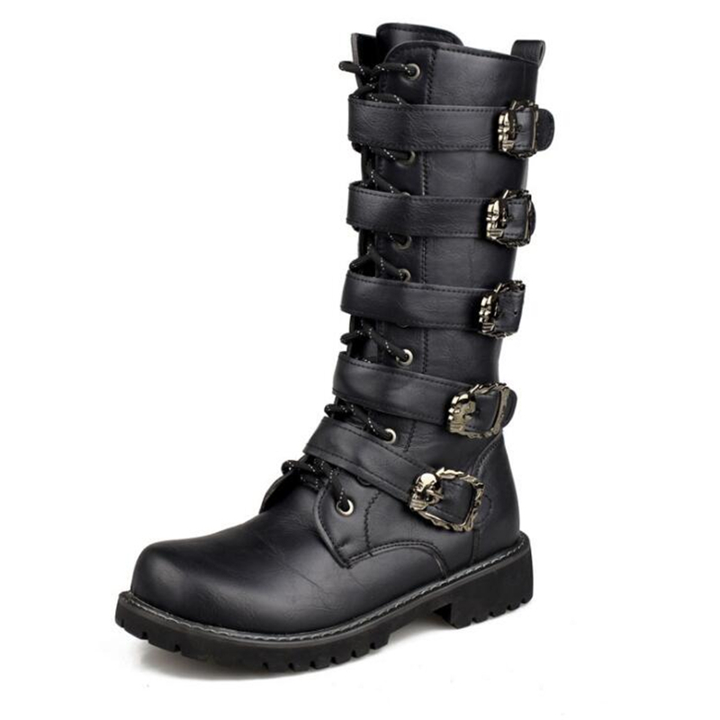 Boots Mens Leather Motorcycle Midcalf Military Combat Gothic Belt Punk Men Shoes Tactical Army Boot 220913