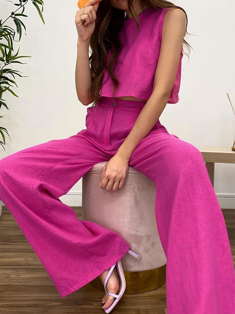Women's Two Piece Pants Oyasnake Cotton Linen Women Sets O-Neck Sleeveless Pullover TankHigh Waist Wide Leg Pants Trousers Casual 2 Piece Suit 22