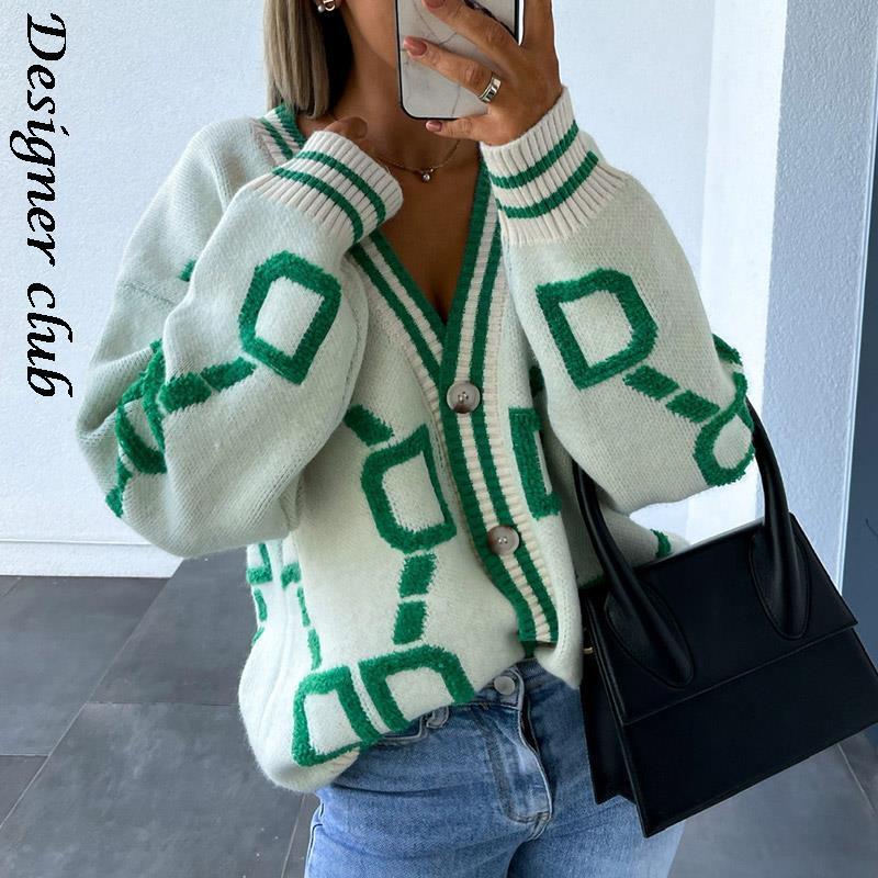 Womens Sweaters Women Cardigan Green Striped Pink Knit Button Lady Cardigans Vneck Loose Casual Winter Fashion Knitted Coat 220913