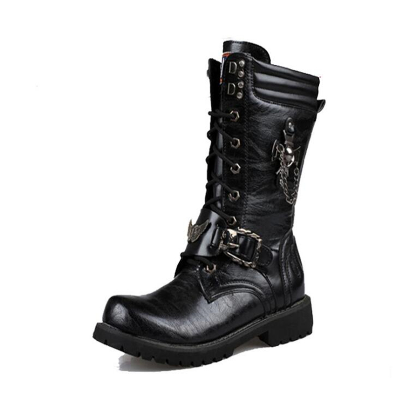 Boots Mens Leather Motorcycle Midcalf Military Combat Gothic Belt Punk Men Shoes Tactical Army Boot 220913