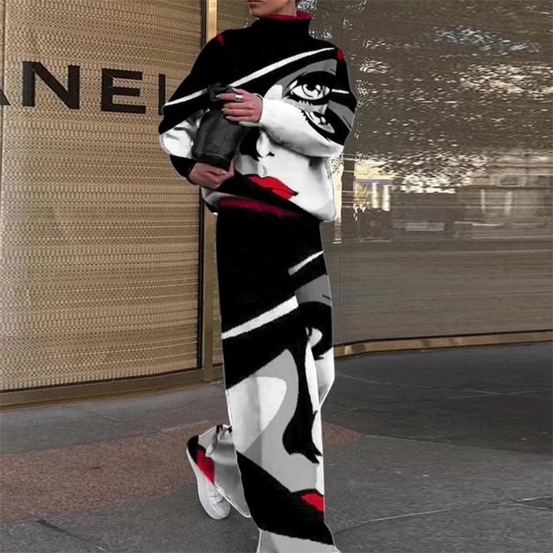 Women's Two Piece Pants Women Casual Long Pants Print Outfits Long Sleeve Tops Loose Elastic Waist Pants Set Female Spring Autumn Trousers Matchi