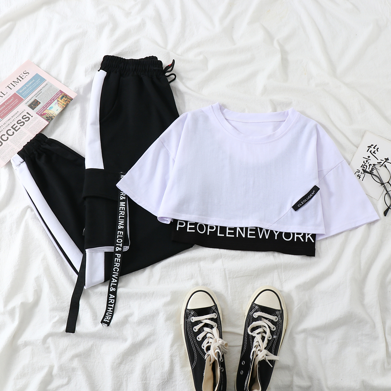 Women's Two Piece Pants 3 Pieces Set Summer Women Cargo Pants Suit Set Streetwear Outfit Harajuku Short Sleeve Trousers Crop Tops Tee Shirt #TZ05
