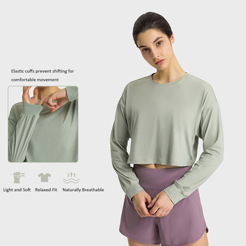 124- Relaxed Fit Sweatshirts Breathable Yoga Shirt Quick-Drying Cropped Hoodies Sports Tops Casual Workout Tee Long Sleeve Shirts Running Fitness Wear