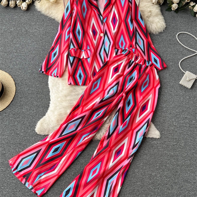Women's Dia Print Loose Casual Blazer Wide Leg Pants Suit V Neck Long Sleeve Office Lady Two Piece Set Spandex High Waist Red Blue