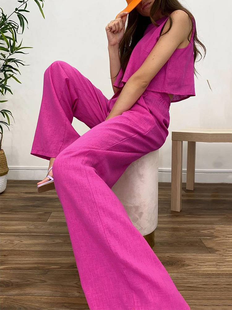 Women's Two Piece Pants Oyasnake Cotton Linen Women Sets O-Neck Sleeveless Pullover TankHigh Waist Wide Leg Pants Trousers Casual 2 Piece Suit 22